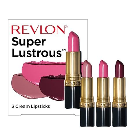 Ensemble de rouges à lèvres Revlon, coffret cadeau Super Lustrous 3 pièces, haute intensité, hydratant, fini crème en rose, prune et baie, lot de 3