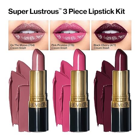 Ensemble de rouges à lèvres Revlon, coffret cadeau Super Lustrous 3 pièces, haute intensité, hydratant, fini crème en rose, prune et baie, lot de 3